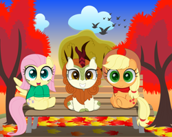 Size: 2200x1750 | Tagged: safe, artist:spellboundcanvas, derpibooru import, applejack, autumn blaze, fluttershy, earth pony, pegasus, pony, applejack's hat, awwtumn blaze, bench, clothes, cowboy hat, cute, female, hat, jackabetes, leaves, mare, scarf, shyabetes, sweater, tree