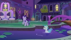 Size: 1920x1080 | Tagged: safe, screencap, starlight glimmer, terramar, pony, seapony (g4), unicorn, student counsel, bridge, duo, female, fountain, looking at each other, male, mare, night, open mouth, pond, raised hoof, school of friendship, situation, teenager, water, worried