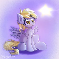 Size: 2048x2048 | Tagged: safe, artist:chaosangeldesu, derpy hooves, pegasus, pony, blushing, cute, derpabetes, female, mare, open mouth, signature, sitting, solo, stars