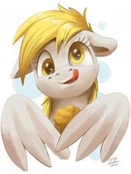 Size: 1500x1991 | Tagged: safe, artist:tsitra360, derpy hooves, pegasus, pony, cute, derpabetes, female, floppy ears, food, mare, muffin, simple background, solo, tongue out