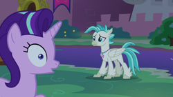 Size: 1920x1080 | Tagged: safe, screencap, starlight glimmer, terramar, hippogriff, unicorn, student counsel, :o, duo, open mouth, water, wide eyes
