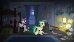 Size: 1920x1080 | Tagged: safe, screencap, starlight glimmer, terramar, hippogriff, unicorn, student counsel, bed, book, duo, ladder, moon, silverstream's room, window