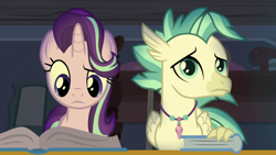 Size: 1920x1080 | Tagged: safe, screencap, starlight glimmer, terramar, hippogriff, unicorn, student counsel, bed, book, duo, frown, ladder, looking down, silverstream's room