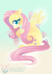 Size: 600x849 | Tagged: safe, artist:mmishee, fluttershy, pegasus, pony, cutie mark, cutie mark background, female, floppy ears, hooves, lineless, mare, solo, spread wings, teeth, wings