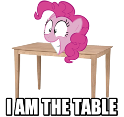 Size: 388x364 | Tagged: safe, pinkie pie, earth pony, pony, image macro, meme, metallica, table