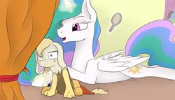 Size: 4200x2400 | Tagged: safe, artist:kaleysia, princess celestia, oc, oc:congerie, alicorn, hybrid, pony, bed, bonding, brush, female, interspecies offspring, magic, mother and child, mother and daughter, offspring, parent and child, parent:discord, parent:princess celestia, parents:dislestia, prone, telekinesis