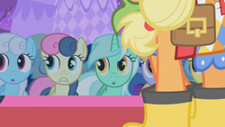 Size: 1280x720 | Tagged: safe, screencap, applejack, bon bon, cloud kicker, derpy hooves, lemon hearts, linky, lyra heartstrings, shoeshine, sweetie drops, earth pony, pony, suited for success, boots, clothes, dress, eyes closed, rain boots, shoes