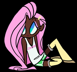 Size: 691x644 | Tagged: safe, artist:softsalami, fluttershy, human, cleavage, dark skin, female, humanized, solo