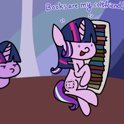 Size: 1000x1000 | Tagged: safe, artist:yinglongfujun, starlight glimmer, twilight sparkle, pony, unicorn, body pillow, book, dialogue, dot eyes, mocking, style emulation, that pony sure does love books, wig