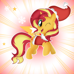 Size: 2078x2090 | Tagged: safe, artist:doraeartdreams-aspy, sunset shimmer, pony, unicorn, abstract background, christmas, clothes, costume, cute, holiday, one eye closed, santa costume, shimmerbetes, solo, wink