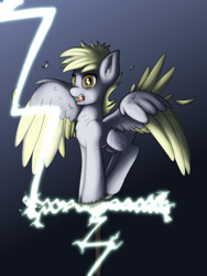 Size: 768x1024 | Tagged: safe, artist:redquoz, derpy hooves, bird pone, pony, bird tail, electrocution, gradient background, lightning, shocked expression, squawk, two toned wings, weather vane