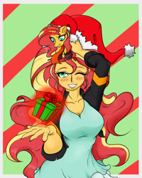 Size: 2000x2500 | Tagged: safe, alternate version, artist:albertbm, sunset shimmer, pony, unicorn, equestria girls, clothes, cute, human ponidox, levitation, magic, one eye closed, present, self paradox, self ponidox, telekinesis, tiny, tiny ponies