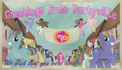 Size: 1324x765 | Tagged: safe, edit, pinkie pie, earth pony, pony, the cutie map, equal town banner, equal town banner meme, exploitable meme, grin, meme, partyville, postcard