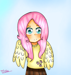 Size: 1319x1396 | Tagged: safe, artist:mika-chan404, fluttershy, human, clothes, humanized, solo, sweater, sweatershy, winged humanization