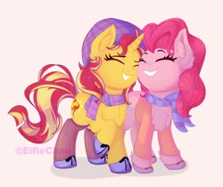 Size: 2500x2100 | Tagged: safe, artist:katakiuchi4u, pinkie pie, sunset shimmer, earth pony, pony, unicorn, clothes, cute, diapinkes, female, lesbian, mare, nuzzling, shimmerbetes, shipping, simple background, sunsetpie, white background, wip