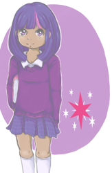 Size: 472x725 | Tagged: safe, artist:risuchan, derpibooru import, twilight sparkle, human, clothes, cute, humanized, kneesocks, miniskirt, moderate dark skin, school uniform, schoolgirl, skirt, solo