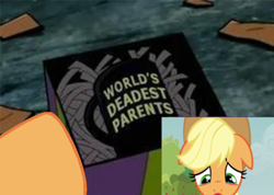 Size: 460x327 | Tagged: safe, edit, applejack, earth pony, pony, mug, solo, world's deadest parents