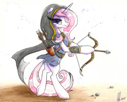 Size: 957x768 | Tagged: safe, artist:prettypinkpony, derpibooru import, fleur-de-lis, pony, unicorn, arrow, bipedal, bow (weapon), bow and arrow, cloak, clothes, solo