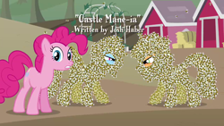 Size: 1280x720 | Tagged: safe, derpibooru import, screencap, applejack, pinkie pie, rainbow dash, bee, earth pony, pegasus, pony, castle mane-ia, competition, covered in bees, glare, josh haber, looking at each other, text, title card