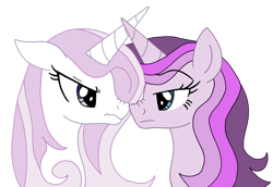 Size: 1024x705 | Tagged: safe, alternate version, artist:greenlinzerd, derpibooru import, fleur-de-lis, oc, oc:lexica, pony, unicorn, angry, boop, bust, duo, face to face, female, looking at each other, mare, nose wrinkle, noseboop, portrait, rivalry