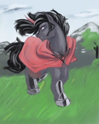 Size: 540x670 | Tagged: safe, artist:aragarh, derpibooru import, king sombra, pony, unicorn, alicorn amulet, cape, clothes, grass, red eyes, solo
