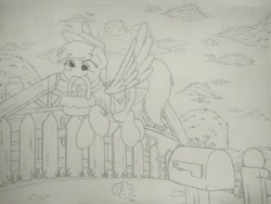 Size: 1040x780 | Tagged: safe, artist:ljdamz1119, derpy hooves, pegasus, pony, basket, female, flying, food, hat, mailbox, mailmare, mailmare hat, mare, monochrome, muffin, saddle bag, sketch, smiling, solo, traditional art