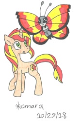 Size: 898x1357 | Tagged: safe, artist:cmara, sunset shimmer, crossover, pokémon, traditional art, vivillon