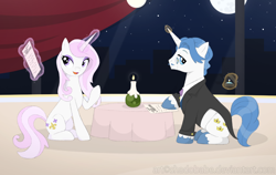 Size: 1100x695 | Tagged: safe, artist:shadobabe, derpibooru import, fancypants, fleur-de-lis, candlelight dinner, engagement ring, fancyfleur, female, looking back, magic, male, marriage proposal, moon, night, open mouth, restaurant, ring, shipping, skyline, smiling, straight, wedding ring