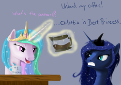 Size: 1000x703 | Tagged: safe, artist:lunaerix, princess celestia, princess luna, alicorn, pony, angry, bed mane, best princess, coffee, food, glare, gritted teeth, magic, trollestia