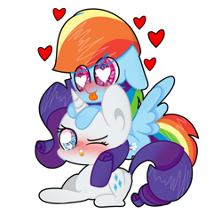 Size: 768x768 | Tagged: source needed, safe, artist:twilydashie, derpibooru import, rainbow dash, rarity, pegasus, pony, unicorn, blushing, female, floating heart, heart, heart eyes, lesbian, raridash, shipping, tongue out, wingding eyes