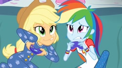 Size: 1920x1080 | Tagged: safe, derpibooru import, screencap, applejack, rainbow dash, equestria girls, rainbow rocks, clothes, faic, footed sleeper, pajamas