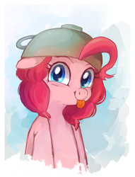 Size: 1024x1338 | Tagged: safe, artist:ketticat55, pinkie pie, pony, :p, bust, cute, diapinkes, floppy ears, hat, looking at you, solo, teacup, tongue out