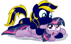 Size: 1024x629 | Tagged: safe, artist:aleximusprime, derpibooru import, twilight sparkle, twilight sparkle (alicorn), oc, oc:zephyr, alicorn, pony, canon x oc, cuddling, cute, fanart, female, male, mare, simple background, snuggling, straight, transparent background, twiphyr