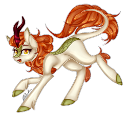Size: 787x715 | Tagged: safe, artist:anitapadillax3, autumn blaze, kirin, female, lidded eyes, looking at you, mare, open mouth, quadrupedal, raised hoof, sidemouth, simple background, solo, speedpaint available, transparent background
