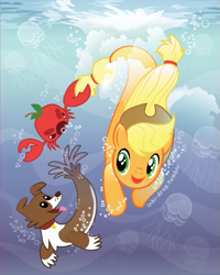 Size: 455x568 | Tagged: safe, artist:inki-drop, applejack, winona, crab, merpony, crab apple, open mouth, pun, smiling, species swap, underwater