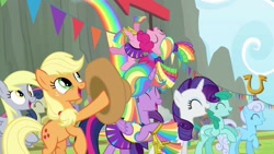 Size: 1024x576 | Tagged: safe, screencap, applejack, bon bon, cloud kicker, daisy, derpy hooves, flower wishes, linky, pinkie pie, rarity, shoeshine, spring melody, sprinkle medley, sweetie drops, twilight sparkle, twilight sparkle (alicorn), alicorn, earth pony, pony, unicorn, rainbow falls, cheerleader, cheerleader outfit, cheerleader pinkie, cheerleader sparkle, pom pom, skirt