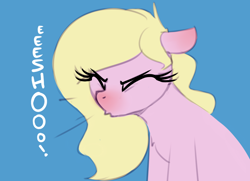 Size: 800x578 | Tagged: safe, artist:shinodage, derpibooru import, edit, editor:spookitty, oc, oc only, oc:nurse bonesaw, pony, cute, female, mare, nostrils edit, simple background, sneezing, solo