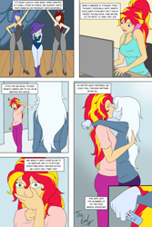 Size: 1000x1500 | Tagged: safe, artist:deltalima, sunset shimmer, equestria girls, abrupt ending, alternate hairstyle, breasts, comic, crying, dialogue, female, kissing, lesbian, magic show, pregnancy test, pregnant, shipping, suntrix, tears of joy