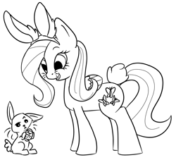 Size: 969x881 | Tagged: safe, artist:shamrock, angel bunny, fluttershy, pegasus, pony, bunny ears, easter, easter egg, egg, monochrome