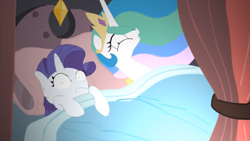 Size: 1920x1080 | Tagged: safe, screencap, princess celestia, rarity, alicorn, pony, unicorn, bed, bedroom eyes, female, lesbian, princess molestia, rarilestia, scared, shipping