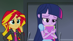 Size: 1920x1080 | Tagged: safe, screencap, sunset shimmer, twilight sparkle, twilight sparkle (alicorn), alicorn, equestria girls, rainbow rocks, book, cute, door, hug, lonely, notepad, sad