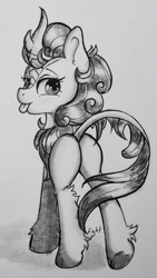 Size: 1962x3486 | Tagged: safe, artist:lightisanasshole, autumn blaze, kirin, unicorn, ass, bedroom eyes, blushing, blushing profusely, butt, chest fluff, curly hair, curly mane, ear fluff, fluffy, inktober, leg fluff, looking back, marker drawing, monochrome, raised eyebrow, solo, tongue out, traditional art