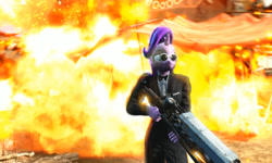 Size: 1077x646 | Tagged: safe, starlight glimmer, anthro, pony, unicorn, the ending of the end, 3d, badass, clothes, cool guys don't look at explosions, explosion, fallout, fallout 4, female, game mod, mare, scene interpretation, solo, starlight glimmer in places she shouldn't be, sunglasses, tuxedo, walking away from explosion
