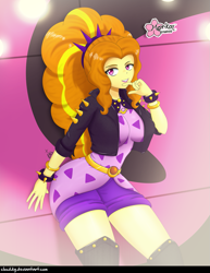 Size: 1073x1387 | Tagged: safe, artist:clouddg, adagio dazzle, equestria girls, equestria girls series, find the magic, spoiler:eqg series (season 2), adagiazonga dazzle, adagio dat-azzle, ass, breasts, butt, clothes, female, hips, lipstick, looking at you, sexy, shorts, smiling, solo, spiked wristband, thighs, wide hips, wristband