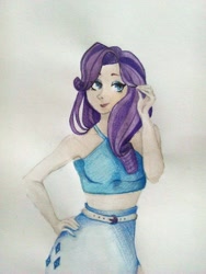 Size: 720x960 | Tagged: safe, artist:agathablack212, rarity, human, belt, clothes, humanized, midriff, skirt, solo, top, traditional art