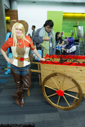 Size: 1365x2048 | Tagged: artist needed, safe, applejack, human, 2014, cart, chaps, clothes, convention, corset, cosplay, defictionalization, fanimecon, irl, irl human, photo