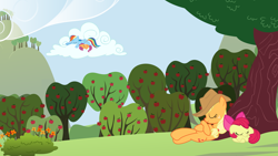 Size: 2500x1406 | Tagged: safe, artist:mzx-90, derpibooru import, apple bloom, applejack, rainbow dash, scootaloo, earth pony, pegasus, pony, afternoon, break, cloud, cloudy, nap, naptime, pause, scenery, sister, sleeping, wallpaper