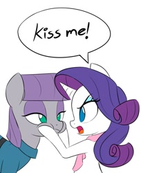 Size: 817x1000 | Tagged: safe, artist:hidden-cat, maud pie, rarity, earth pony, pony, unicorn, eye contact, female, frown, glare, imminent kissing, implied lesbian, lesbian, looking at each other, mare, open mouth, puffy cheeks, rarimaud, shipping, simple background, squishy cheeks, white background