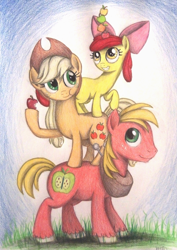 Size: 1072x1510 | Tagged: safe, artist:thefriendlyelephant, apple bloom, applejack, big macintosh, earth pony, pony, apple, apple siblings, balancing, eating, male, pony pile, smiling, stack, stallion, tower of pony, traditional art