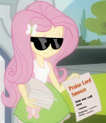 Size: 881x1024 | Tagged: safe, artist:m48patton, edit, screencap, fluttershy, smooze, friendship is witchcraft, equestria girls, cult leader fluttershy, cult of smooze, horse women, lord smooze, praise lord smooze, sunglasses